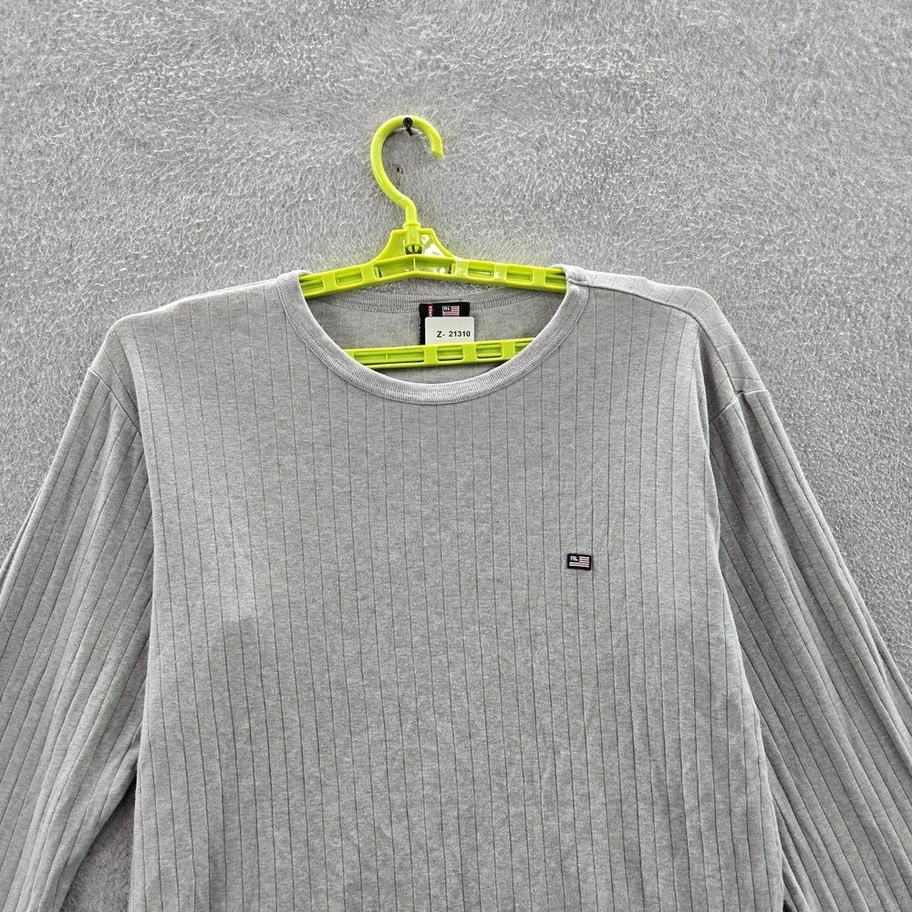 VINTAGE Polo Jeans Men Shirt‎ L Gray Embroidered Striped Flag Patch Logo